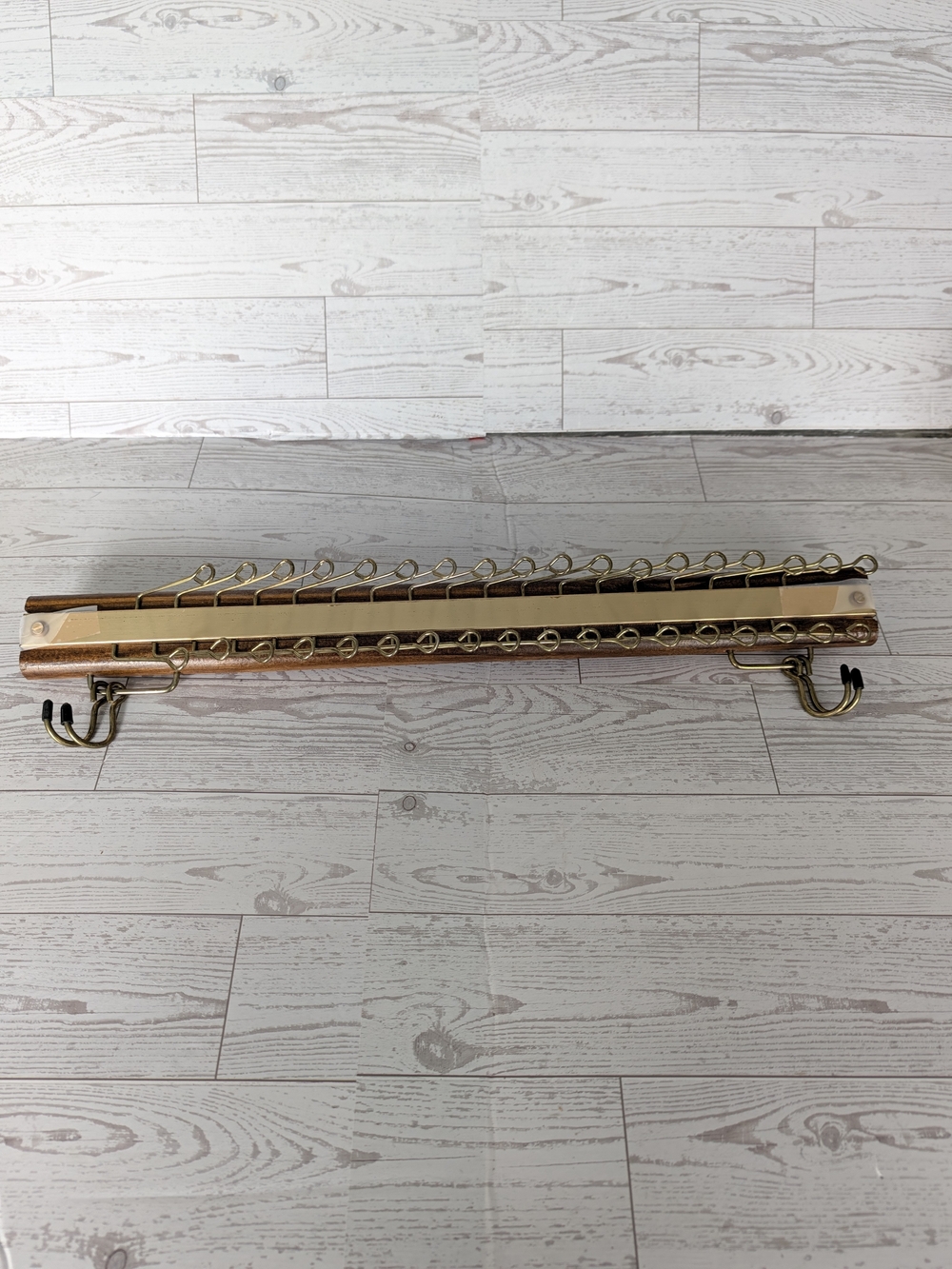 Vintage Mid-Century Wood & Brass Wall-Mounted Tie Rack 36 Hook Closet Organizer